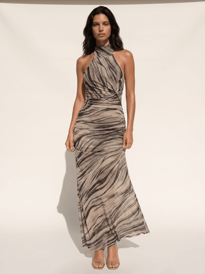 Tiger-Marble Mesh Halter Mermaid Maxi Dress - vencé