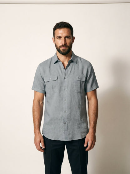 Twin Flap-Pocket Linen Mens Shirt - vencé