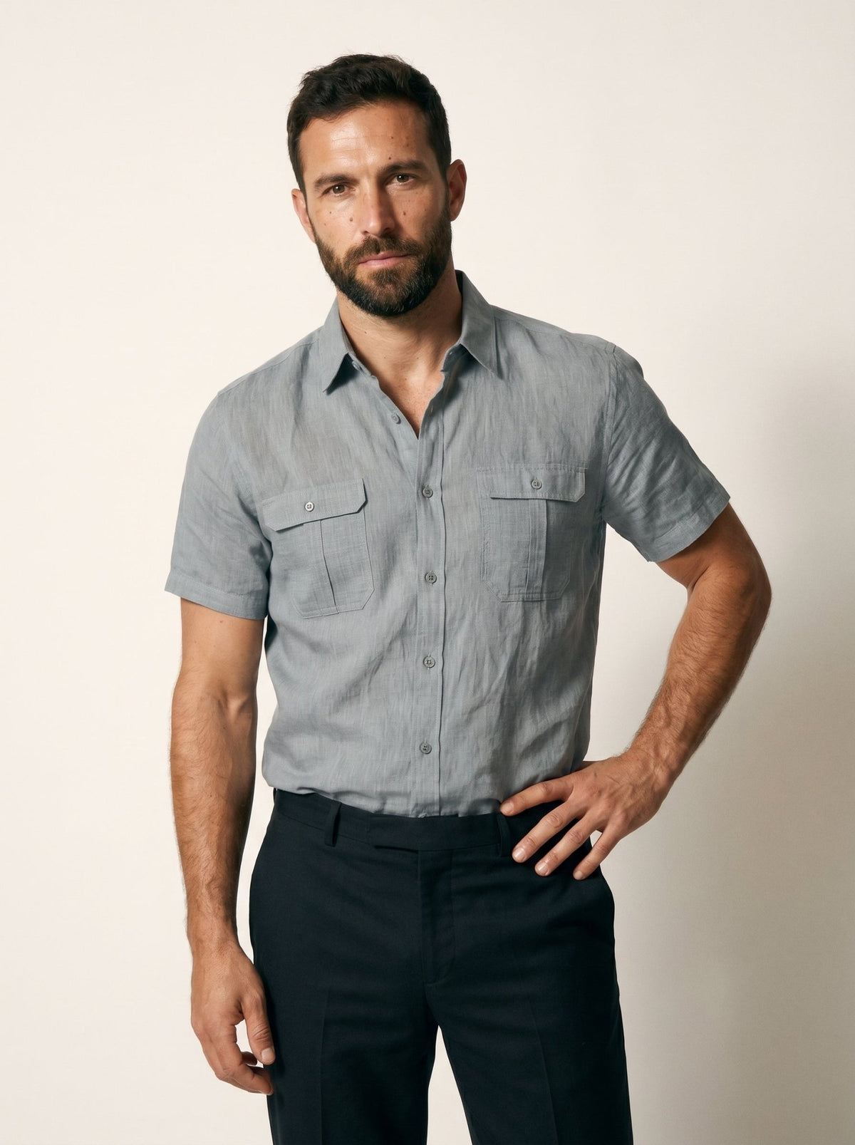 Twin Flap-Pocket Linen Mens Shirt - vencé