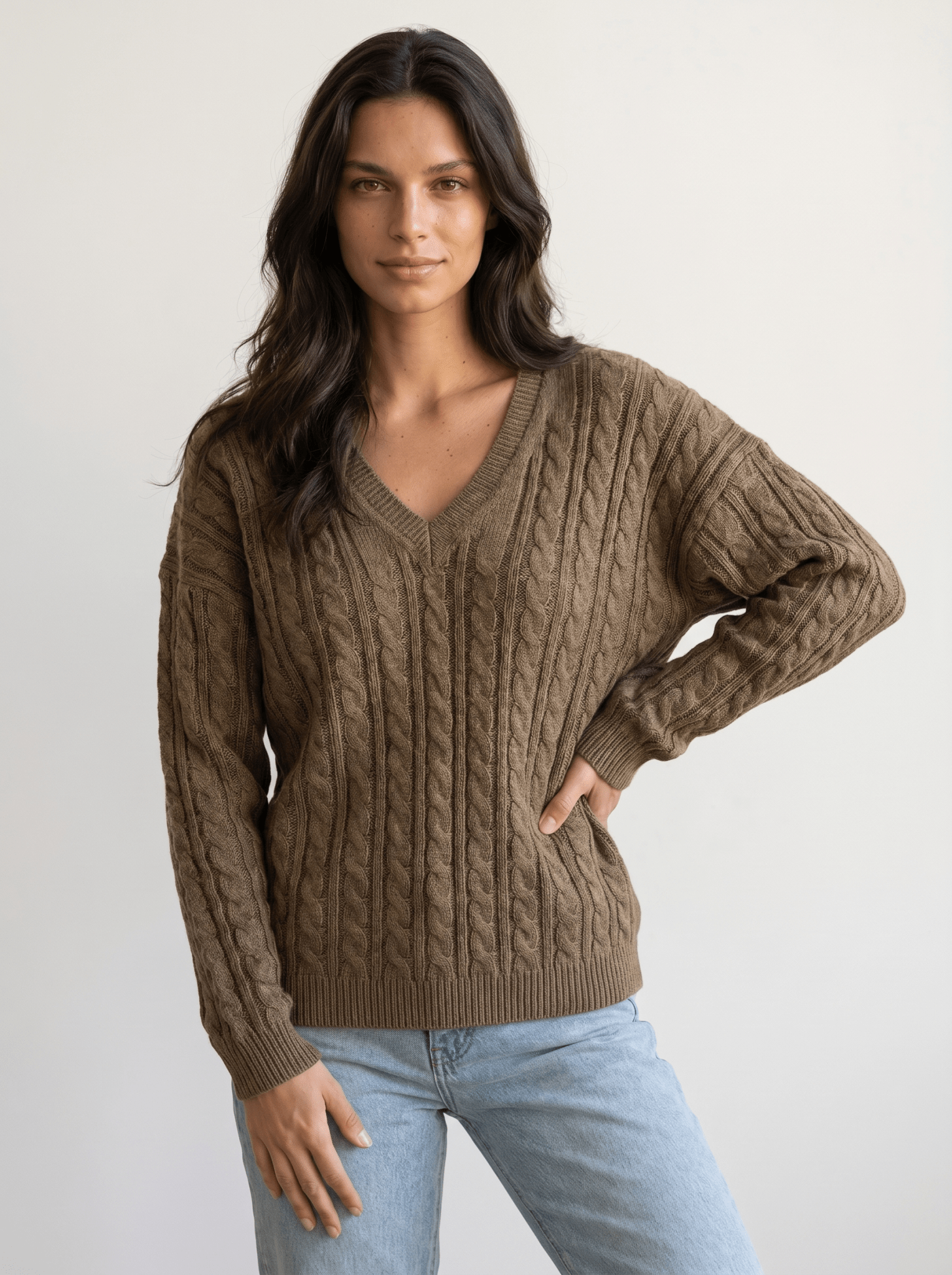 V-Neck Braided Cable Knit Pullover - vencé