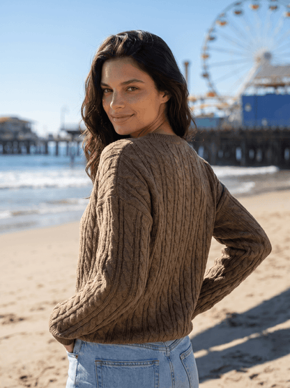 V-Neck Braided Cable Knit Pullover - vencé