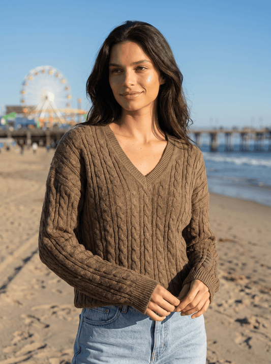 V-Neck Braided Cable Knit Pullover - vencé