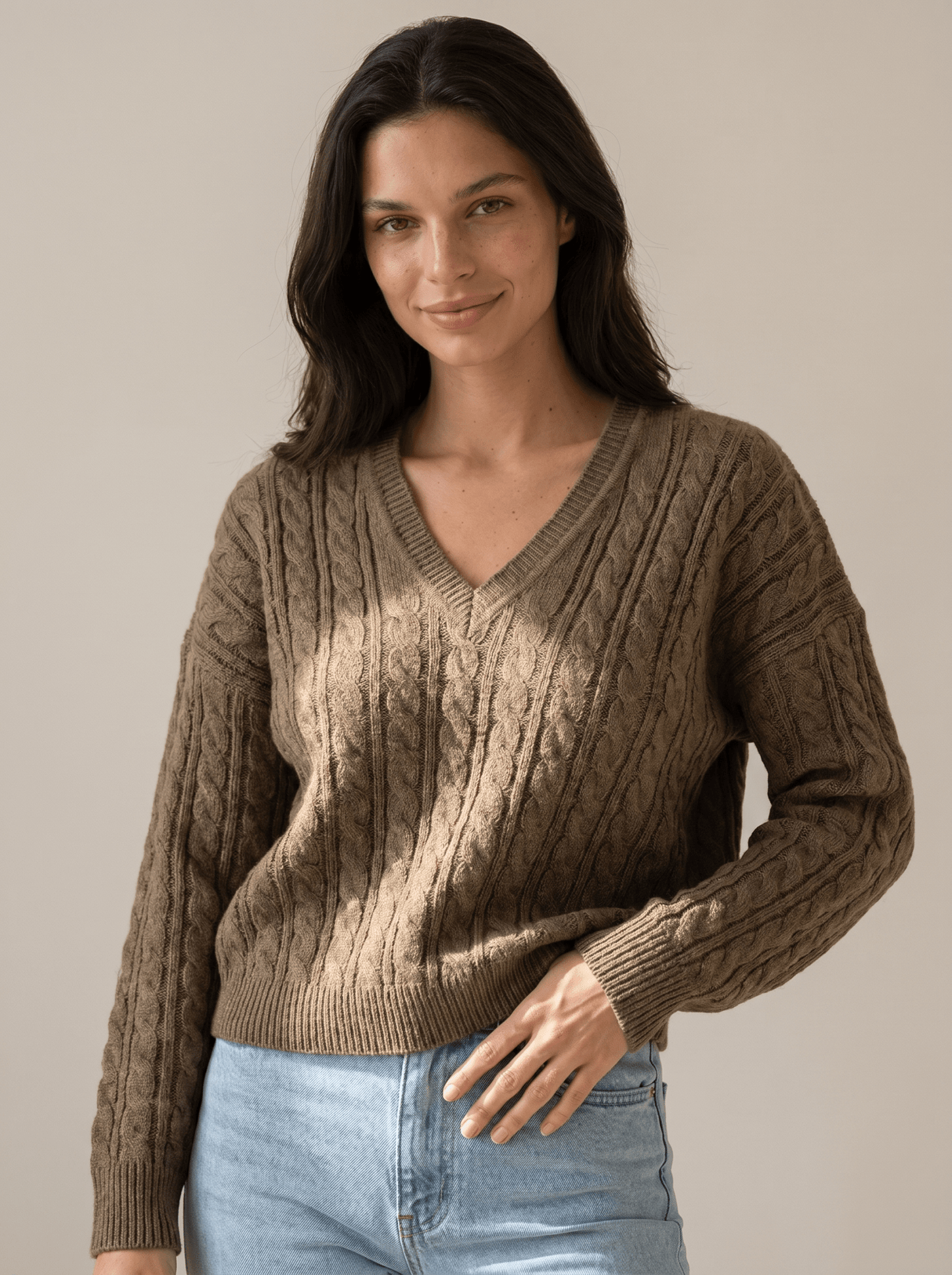 V-Neck Braided Cable Knit Pullover - vencé