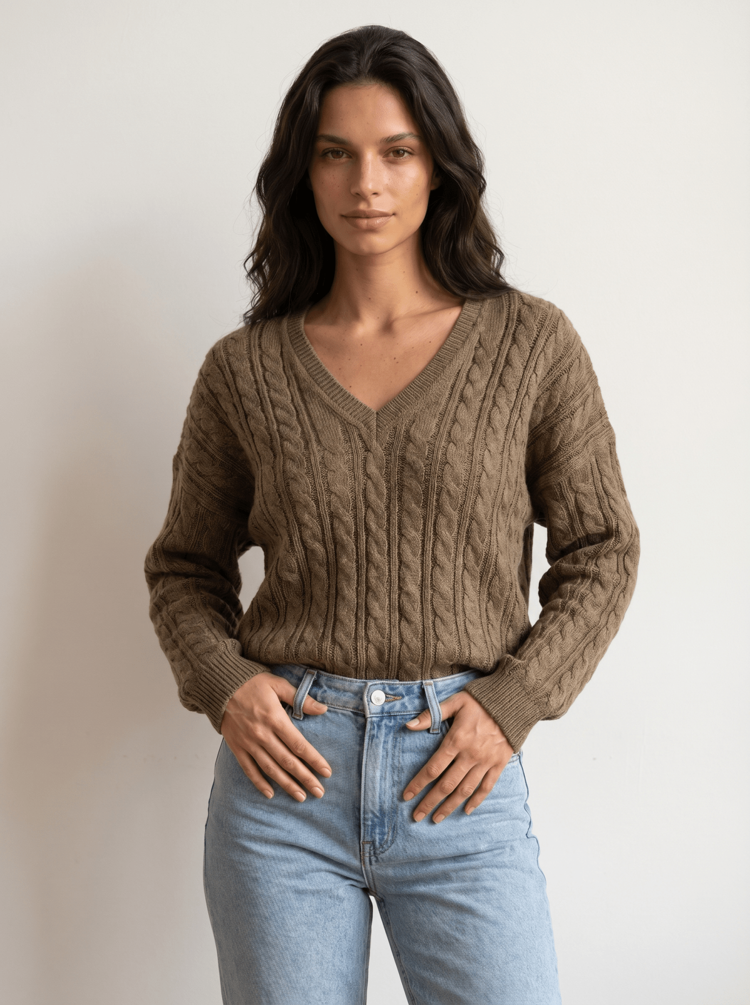V-Neck Braided Cable Knit Pullover - vencé