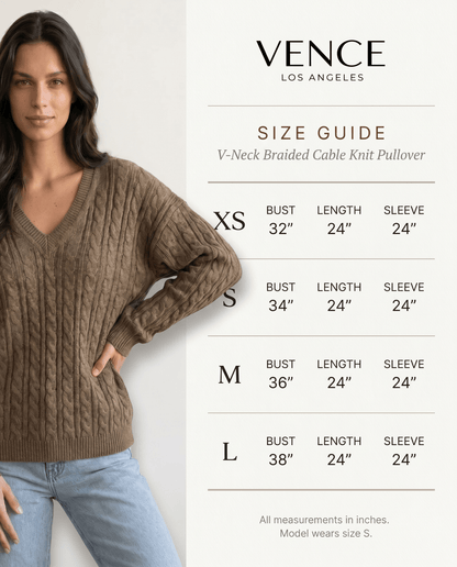 V-Neck Braided Cable Knit Pullover - vencé