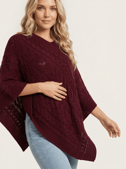 V-Neck Cable Knit Poncho Cape - vencé